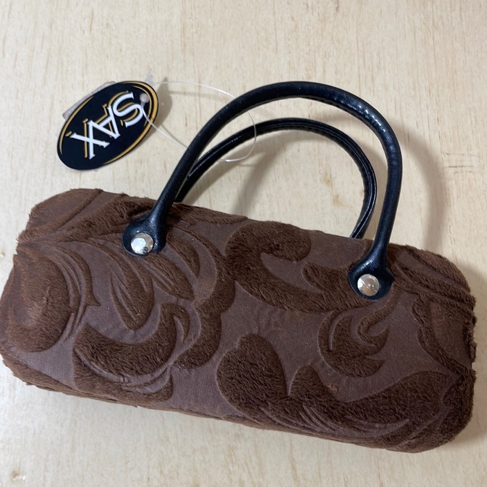Sax Brown Velvet Paisley Covered Hard Clamshell Glasses Case w/Handles